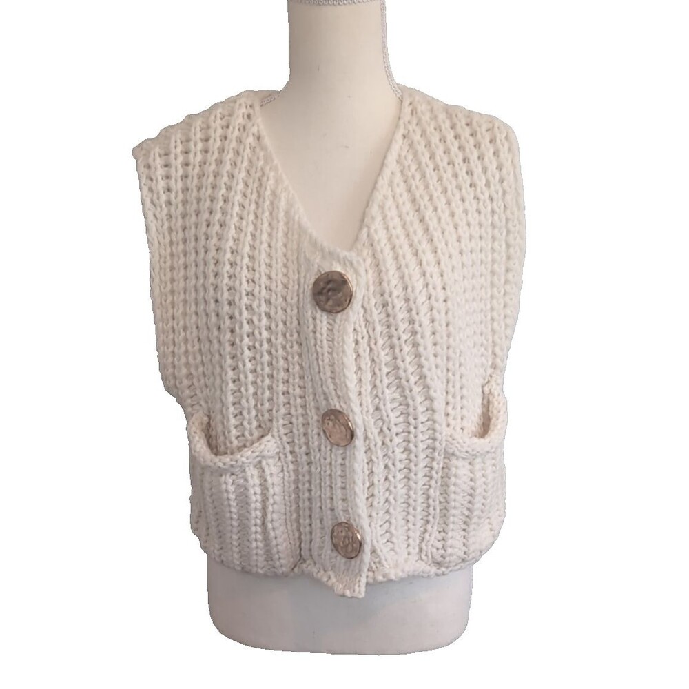 Crochet Solid Button-Front Pocket Vest V Neck Size S Beige